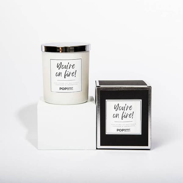 Pop Your Business Gifts - You're on Fire Candle - Champagne and Strawberries